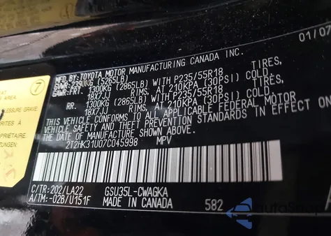 2007 Lexus Rx 350 from USA, damaged, VIN 2T2HK31U07C045998